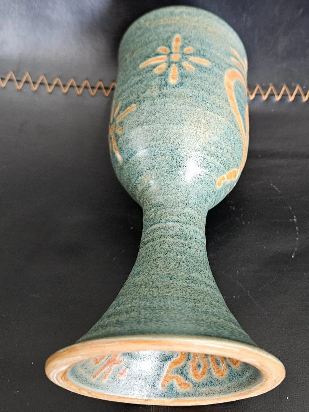 Vintage Kokopelli Studio Pottery Wine Goblet Signed Moki Blue Teal Glazed 2000
